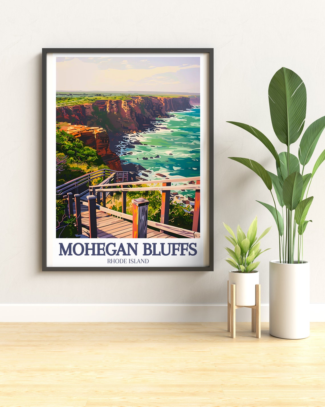 Mohegan Bluffs Rhode Island Cliff Stairs Over Ocean View Poster - Image 3
