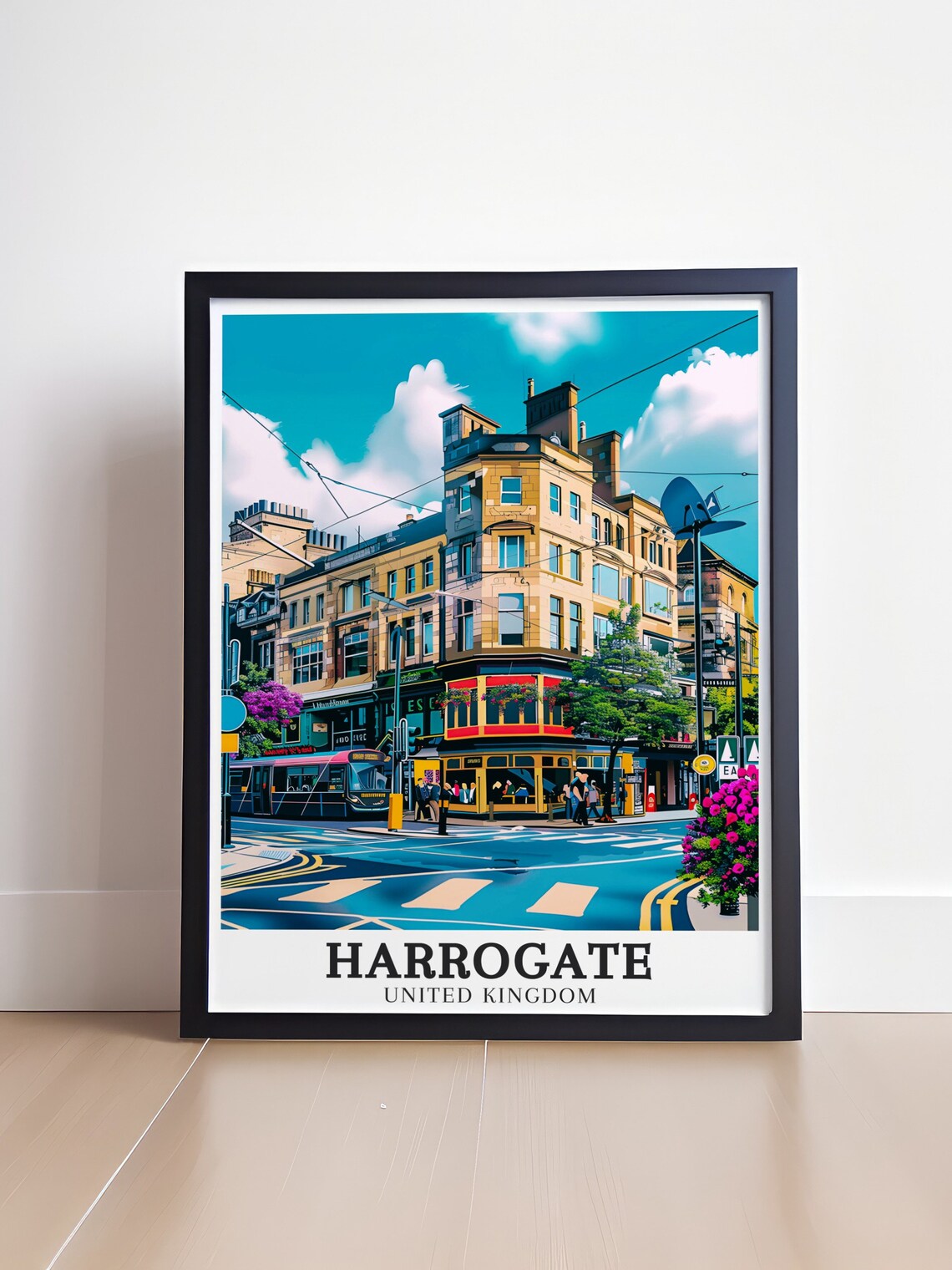 Harrogate United Kingdom Vibrant Tram Corner Street Scene Poster - Image 4