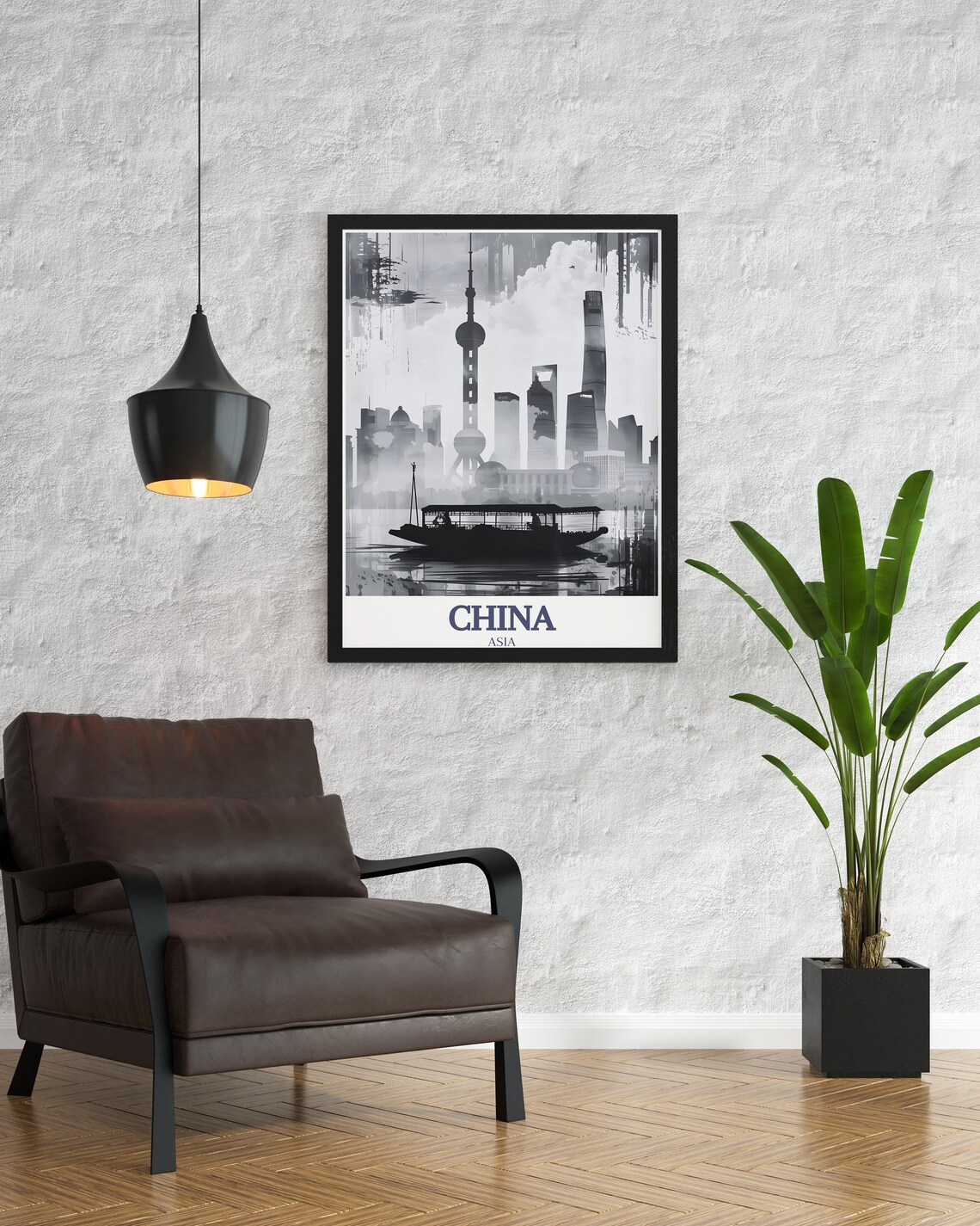 Shanghai Skyline Black and White Oriental Pearl Tower Art Poster - Image 2