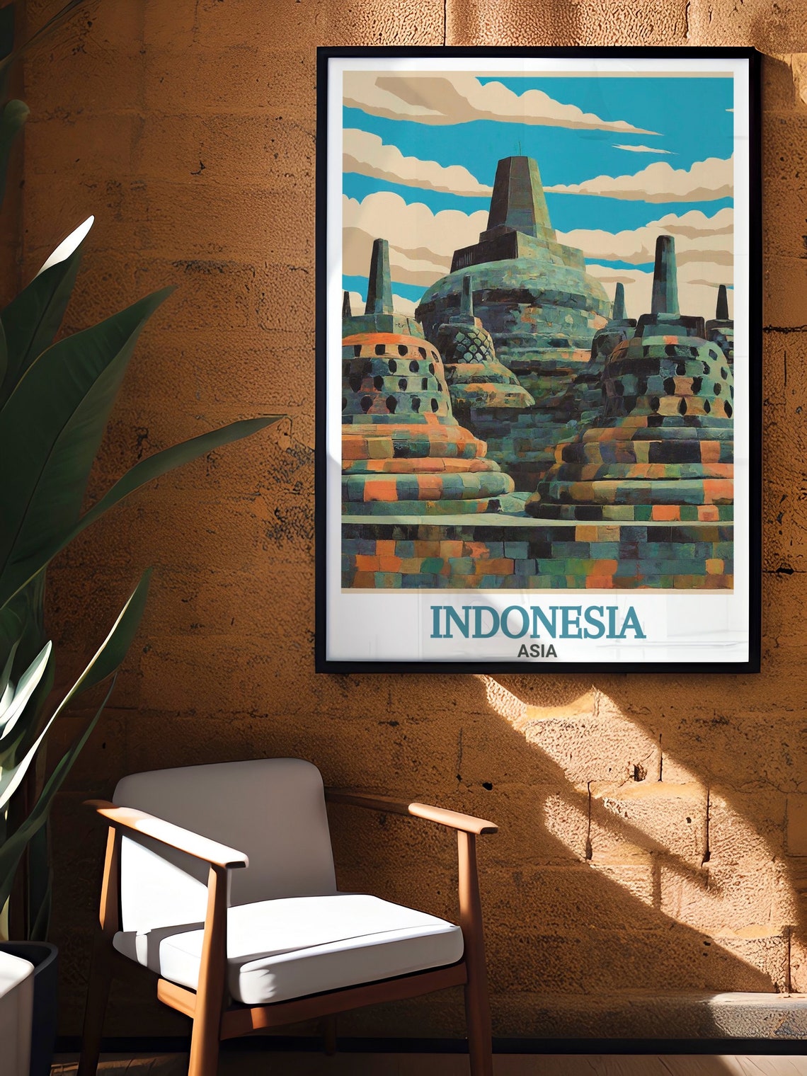 Indonesia Asia Borobudur Temple Stupas Geometric Retro Art Poster - Image 2