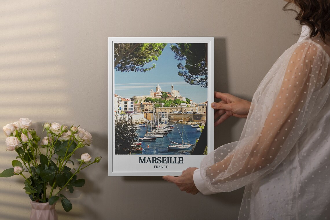 Marseille Harbor Sailboats with Hilltop Basilica View Poster - Image 3