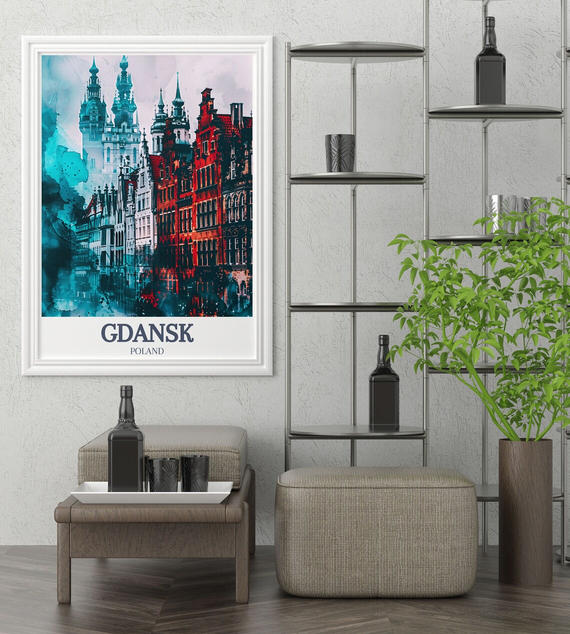 Gdansk Poland Church Towers Watercolor Teal Red Cityscape Art Poster - Image 2