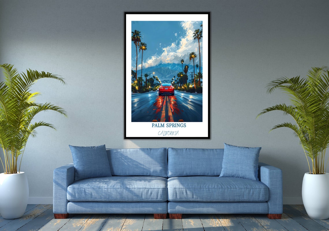 Red Electric Car On Wet Palm Lined Road In Palm Springs Poster - Image 3