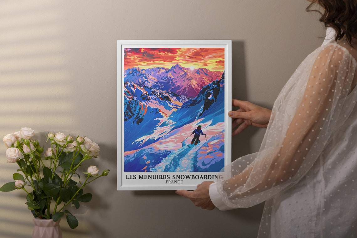Les Menuires Snowboarding Sunset Alpine Vintage Travel Poster - Image 3