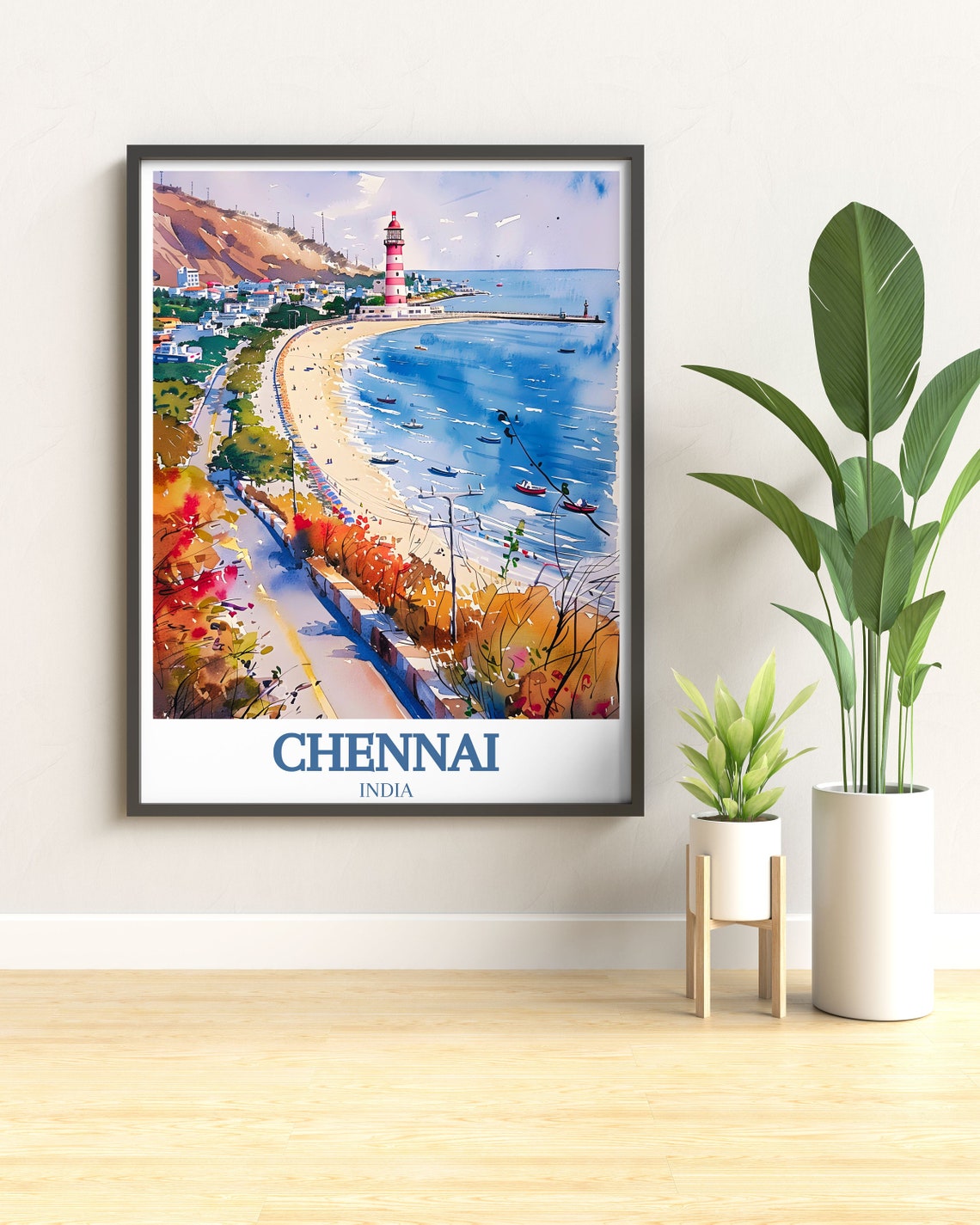 Chennai Marina Beach Lighthouse Curved Bay Watercolor India Poster - Image 2
