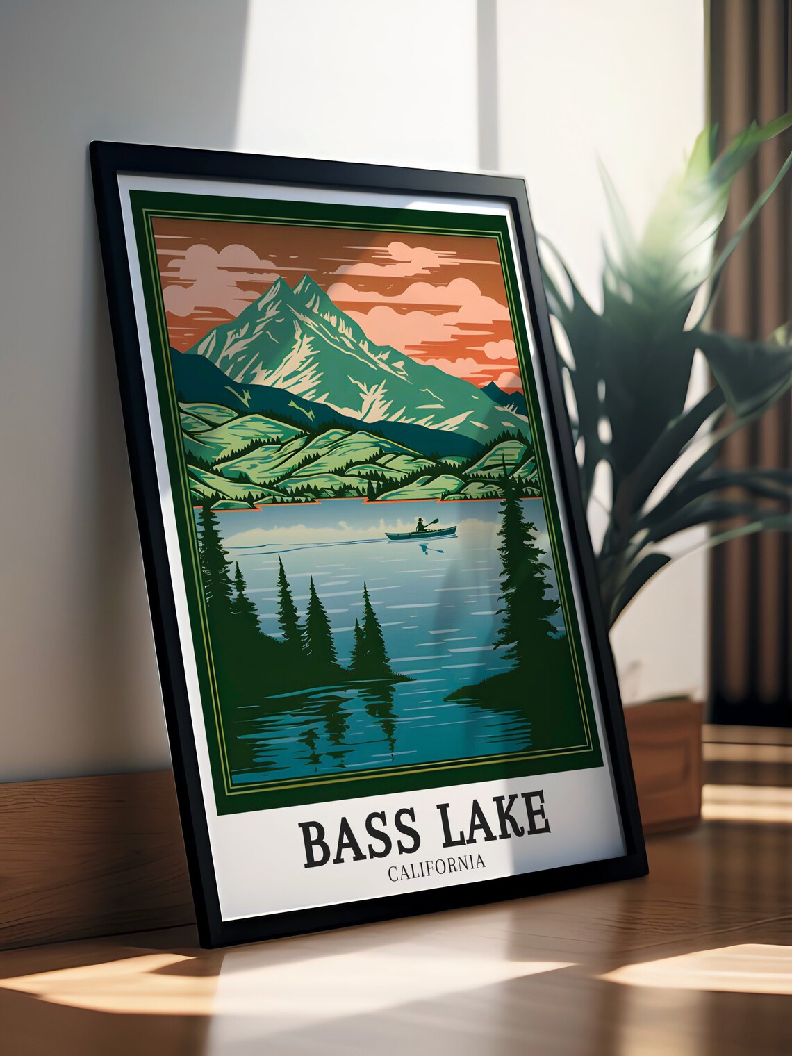 Bass Lake California Kayaker Mountain Sunset Pines Travel Poster - Image 2