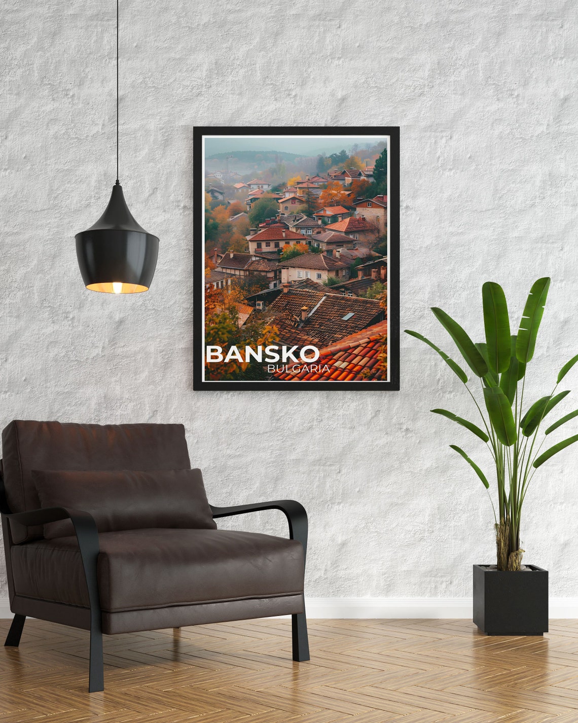 Bansko Bulgaria Old Town Rooftops Autumn Illustrated Travel Poster - Image 2