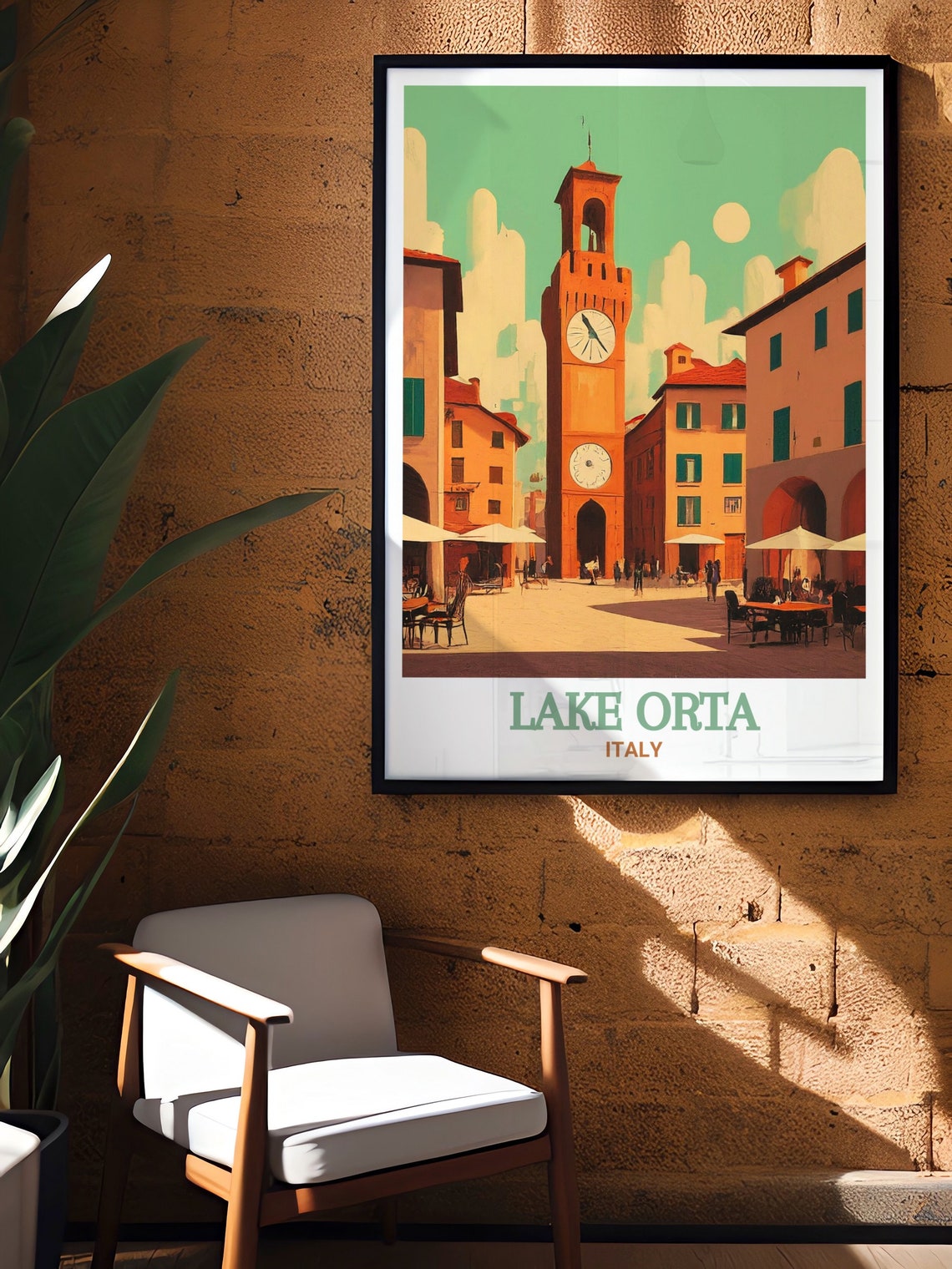 Lake Orta Piazza Motta Clock Tower in Warm Vintage Style Poster - Image 2