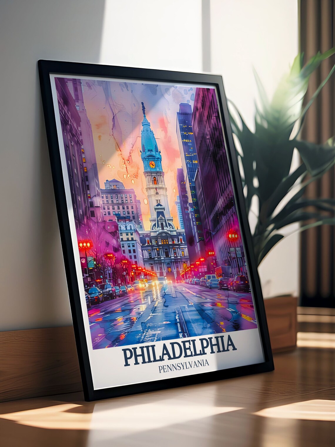 Philadelphia City Hall Neon Night Rain Street Pennsylvania Poster - Image 2