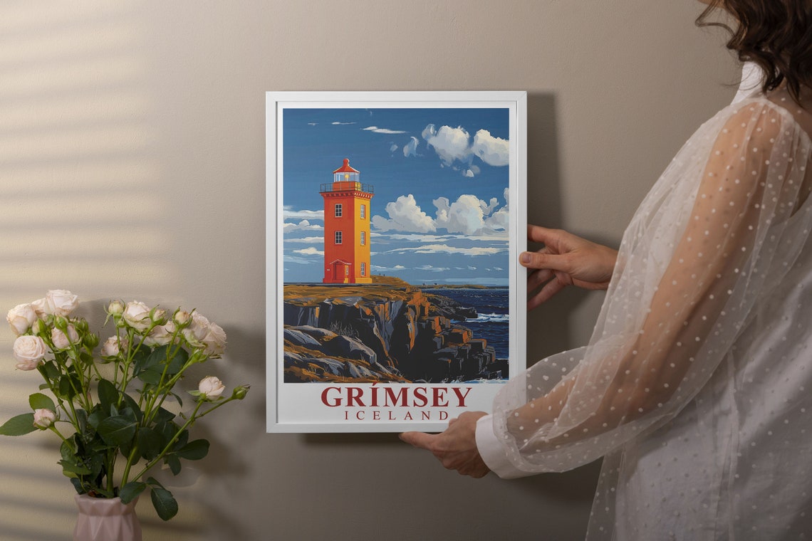 Grimsey Iceland Orange Lighthouse Poster on Arctic Rocky Coast - Image 3