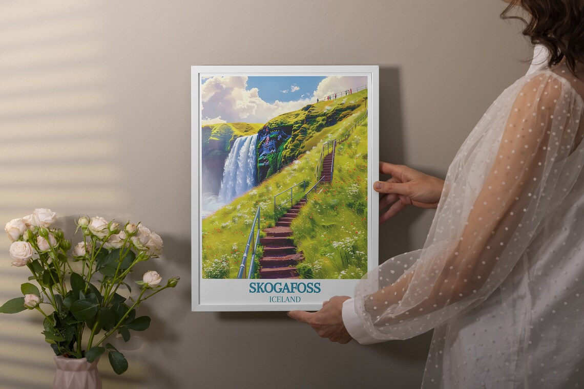 Skógafoss Iceland Waterfall and Staircase Green Hillside Poster - Image 3