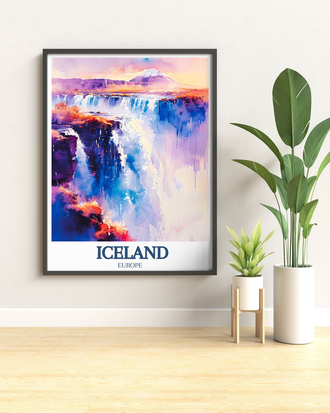Iceland Skogafoss Waterfall Volcano Purple Dusk Watercolor Poster - Image 3