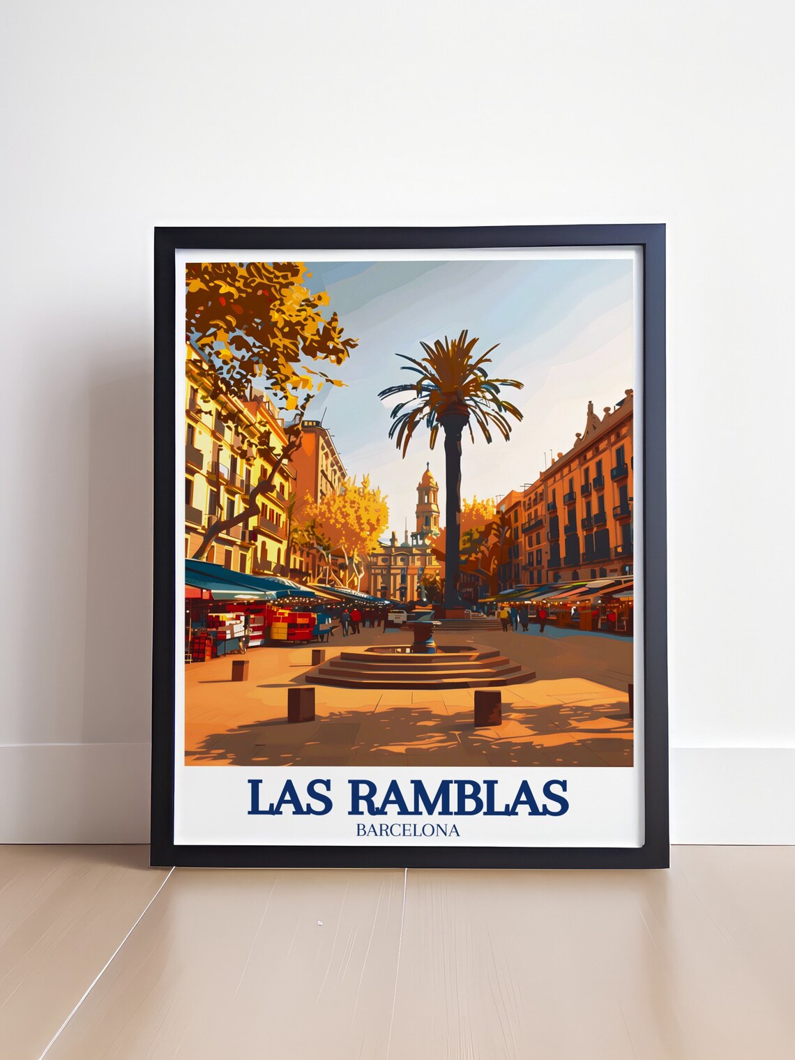 Las Ramblas Barcelona Sunlit Plaza Fountain Market Retro Poster - Image 4
