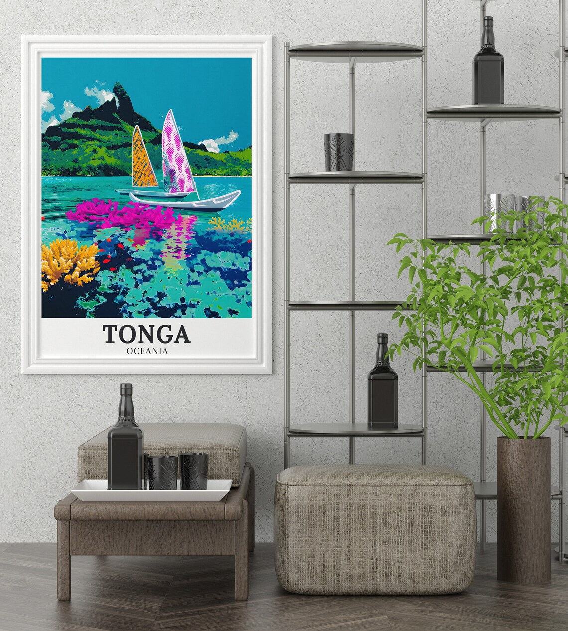 Tonga Vaa Canoe Coral Reef Volcanic Island Colorful Travel Poster - Image 2