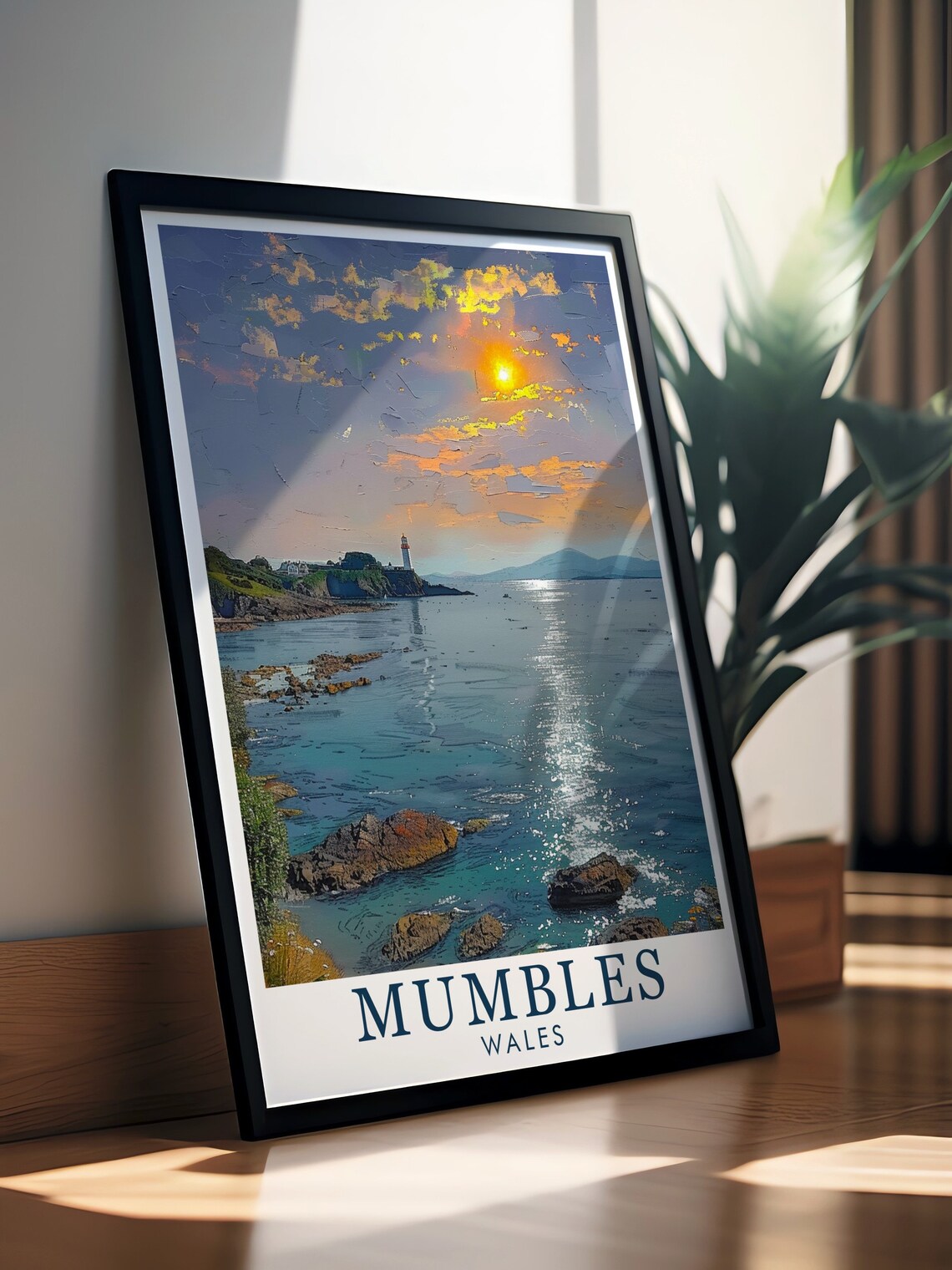Mumbles Wales Lighthouse Rocky Coast Sunrise View Travel Poster - Image 2