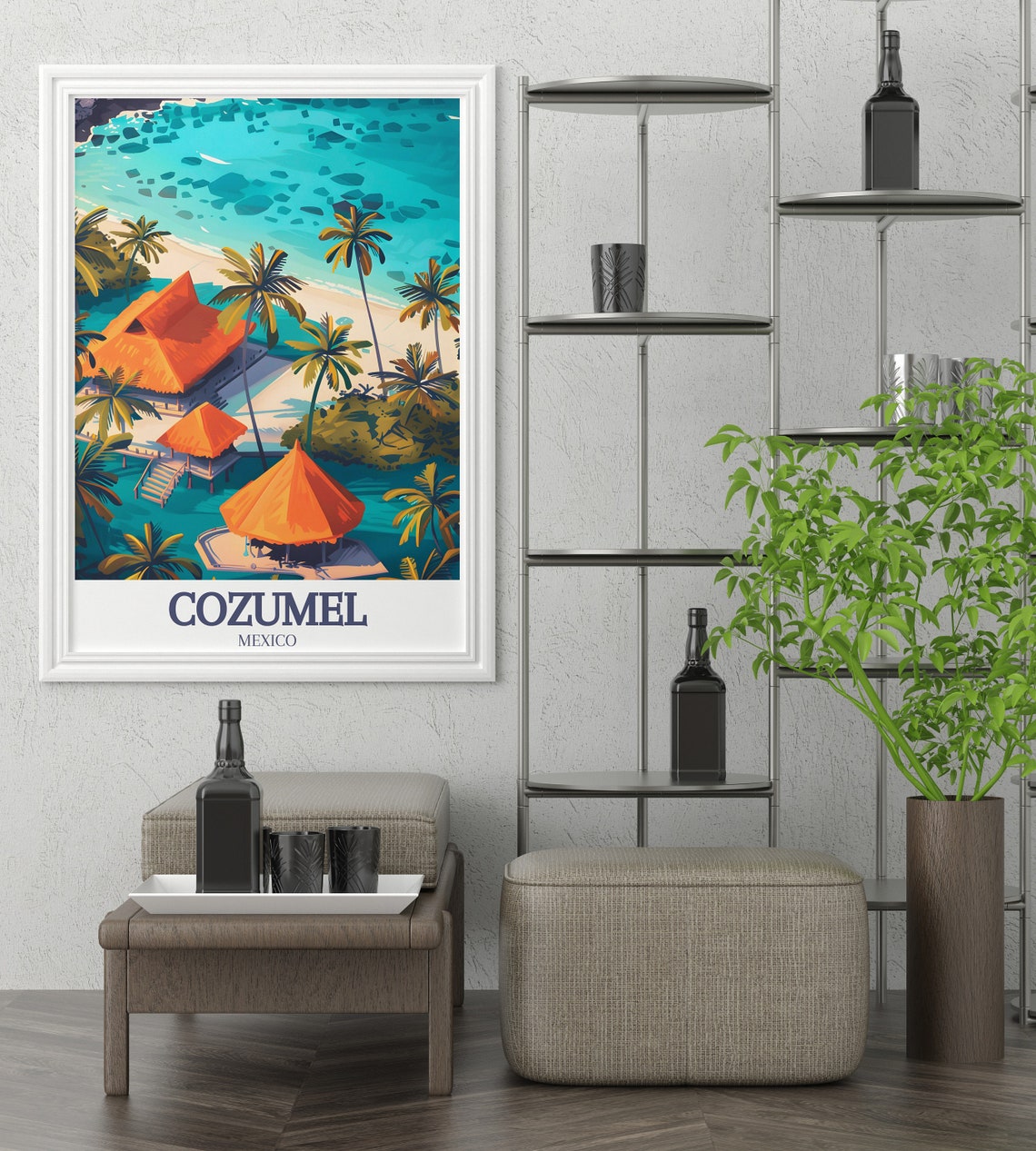 Cozumel Mexico Palm Beach Thatched Hut Tropical Travel Poster - Image 2
