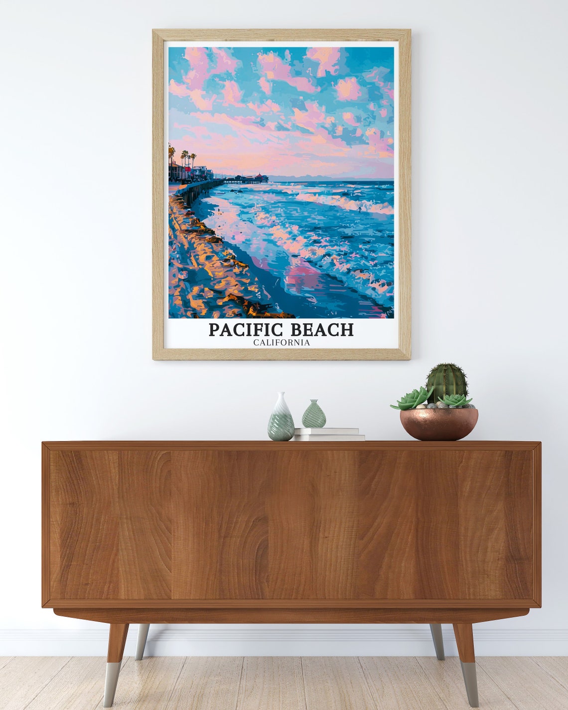 Pacific Beach California Pink Sunset Boardwalk Surf Scene Poster - Image 2