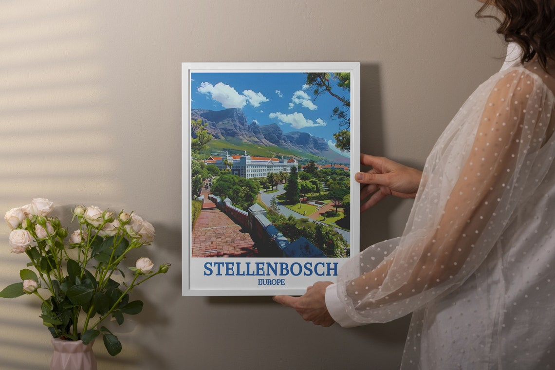 Historic Stellenbosch Town Red Brick Path Mountain View Travel Poster - Image 2