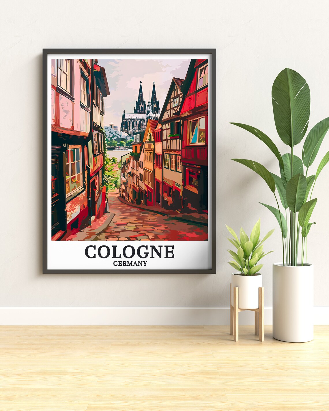 Cologne Germany Old Town Cobblestone Street Cathedral Art Poster - Image 2