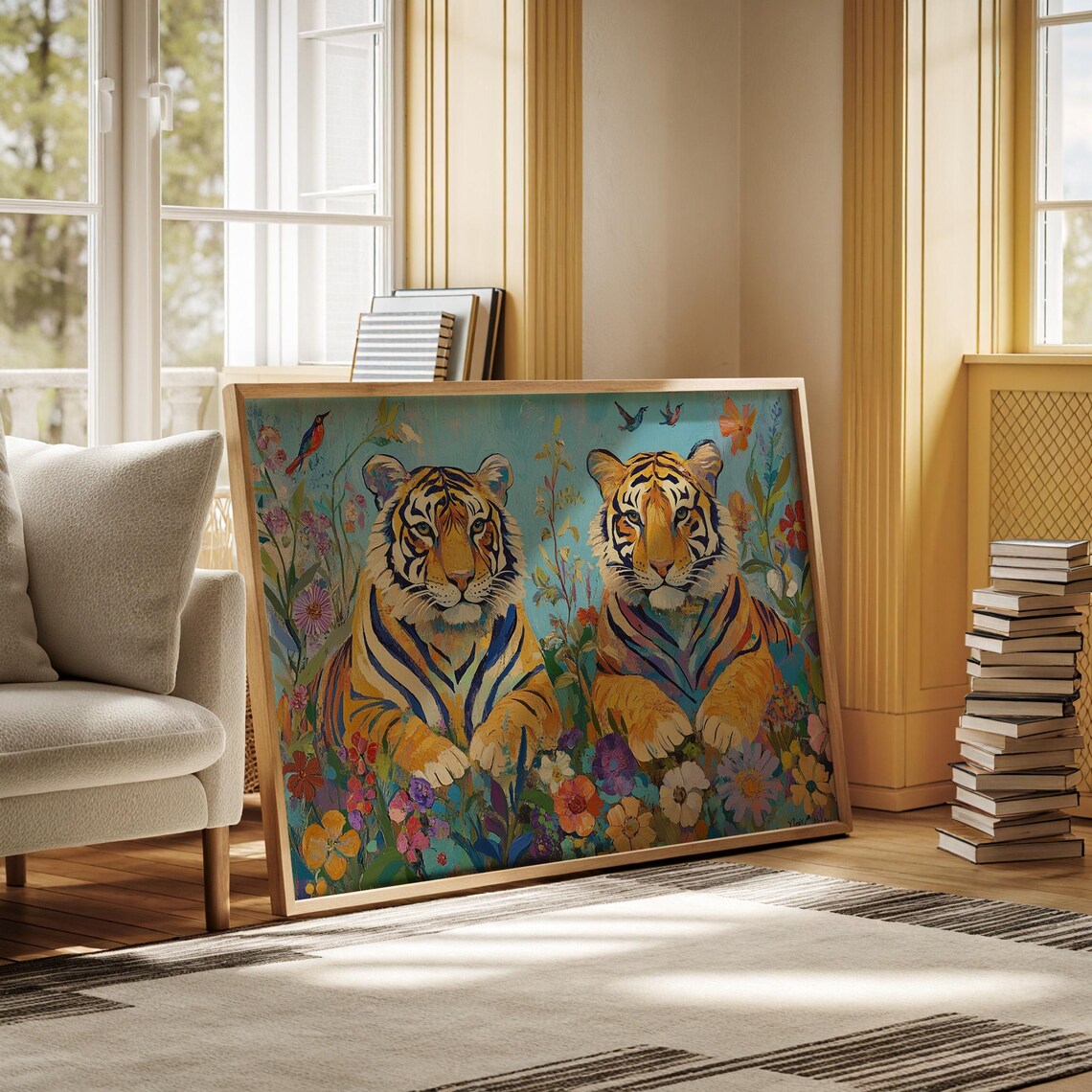 Majestic Tiger Duo Colorful Wildflowers Vibrant Wildlife Illustration Poster - Image 4