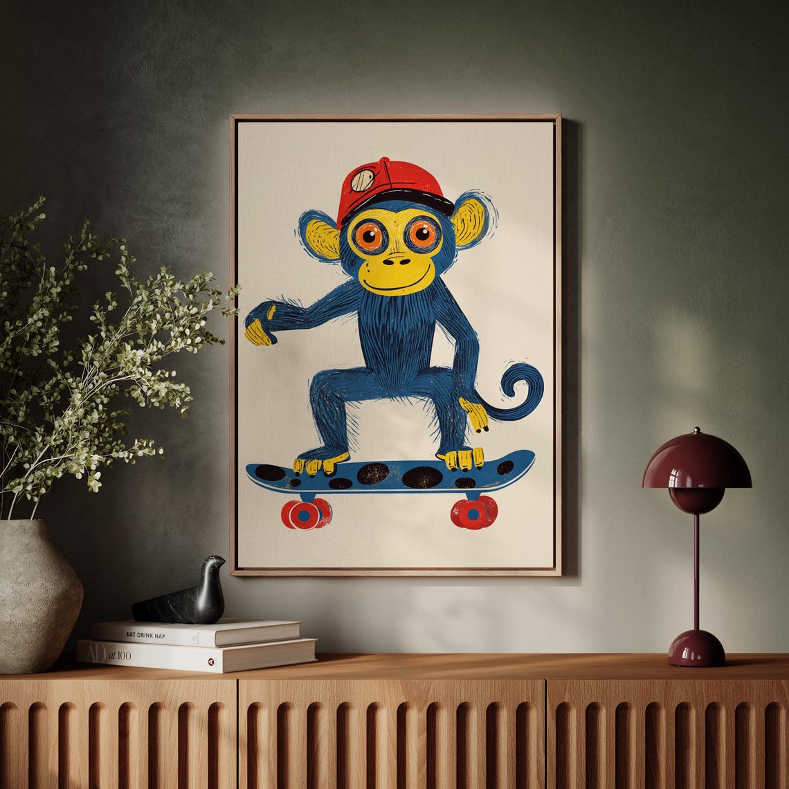Playful Blue Monkey With Red Cap Riding A Skateboard Kids Wall Art - Image 2