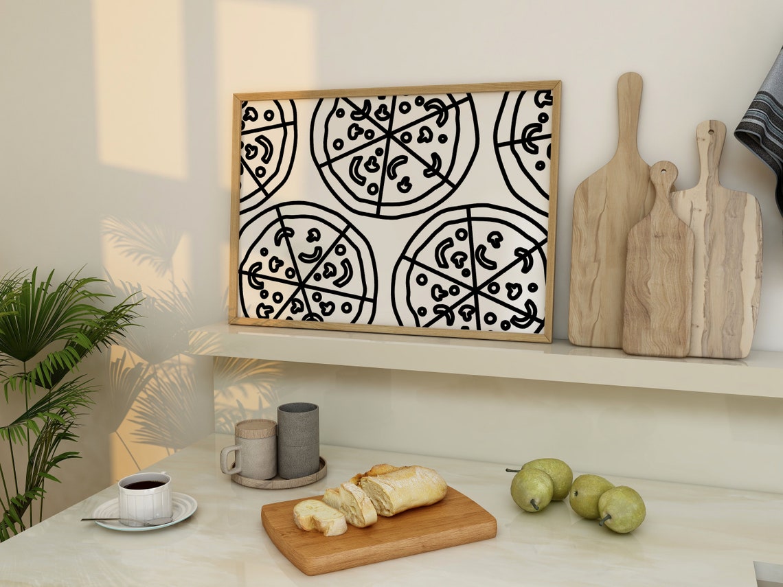 Hand Drawn Pizza Pattern Cream Background Quirky Kitchen Poster - Image 2