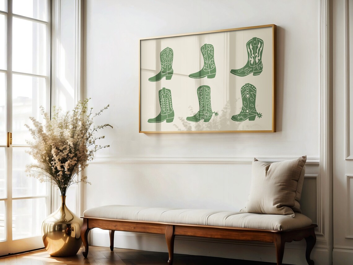Green Cowboy Boots Lineup With Spurs Western Silhouette Art Poster - Image 2