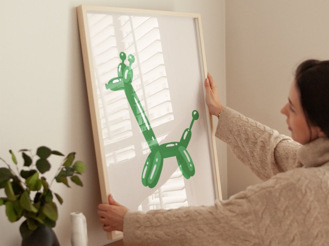 Green Balloon Giraffe Minimalist Playful Boho Kids Room Poster
