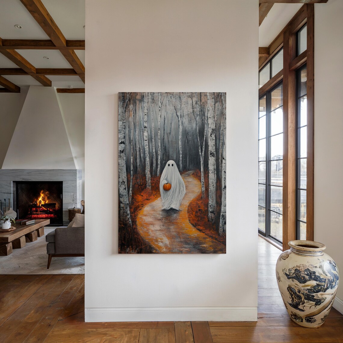 Ghost With Pumpkin, Birch Forest Autumn Halloween Print - Image 4