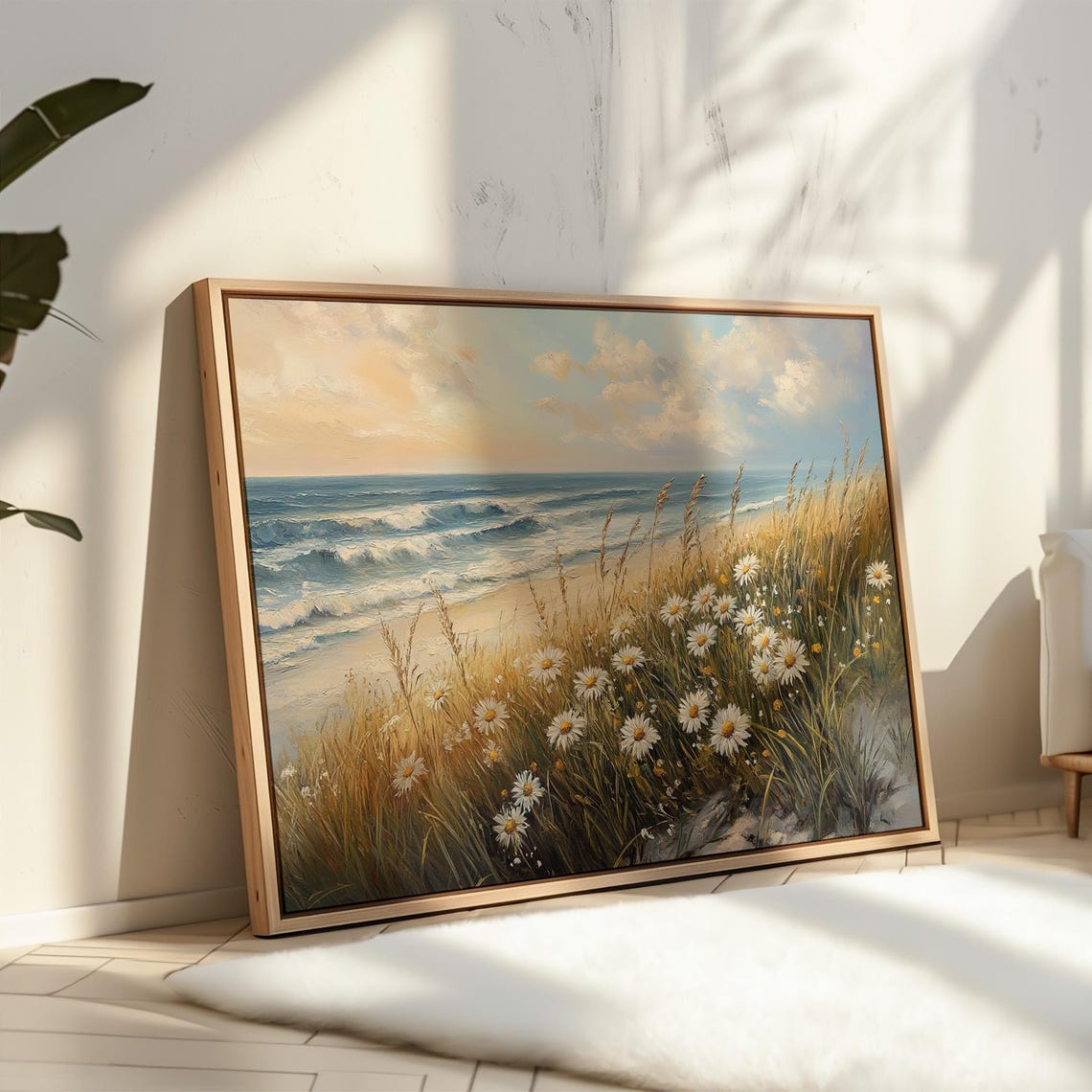 White Daisy Meadow And Beach Waves Golden Coastal Grass Scene Poster - Image 4