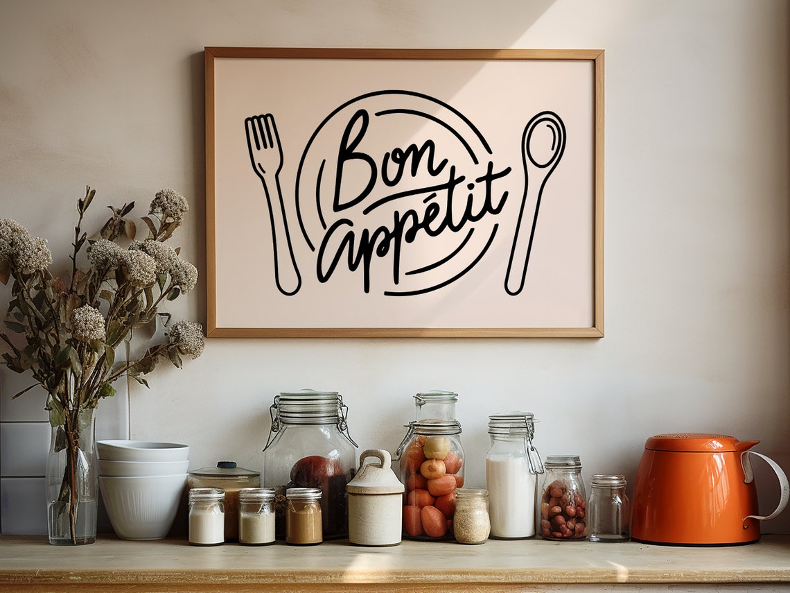 Bon Appetit Script Fork Spoon Line Art French Kitchen Wall Print - Image 2