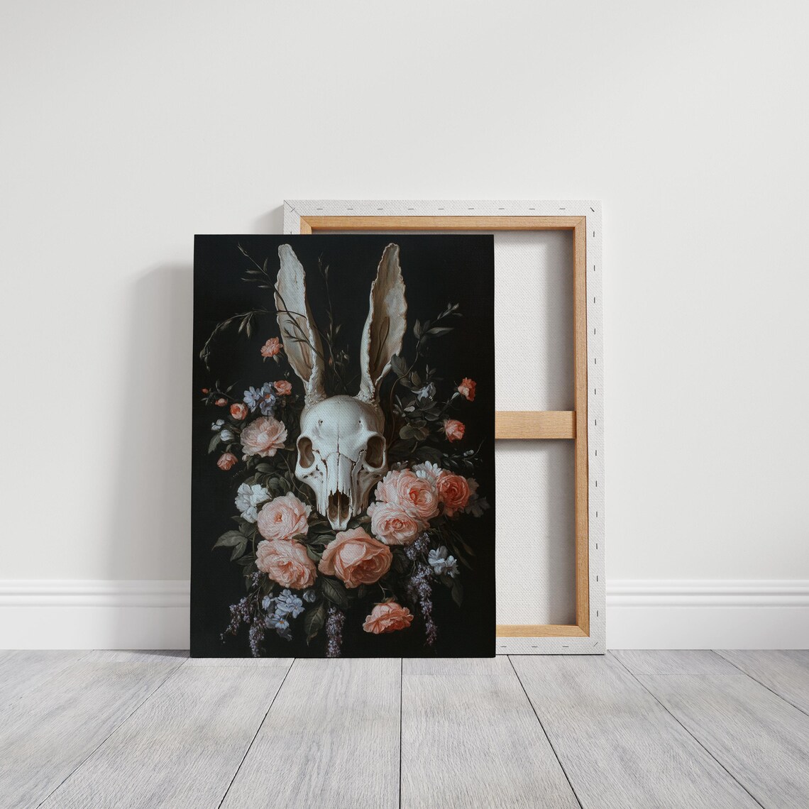 Dark Rabbit Skull Floral Arrangement Moody Botanical Gothic Wall Art Poster - Image 3