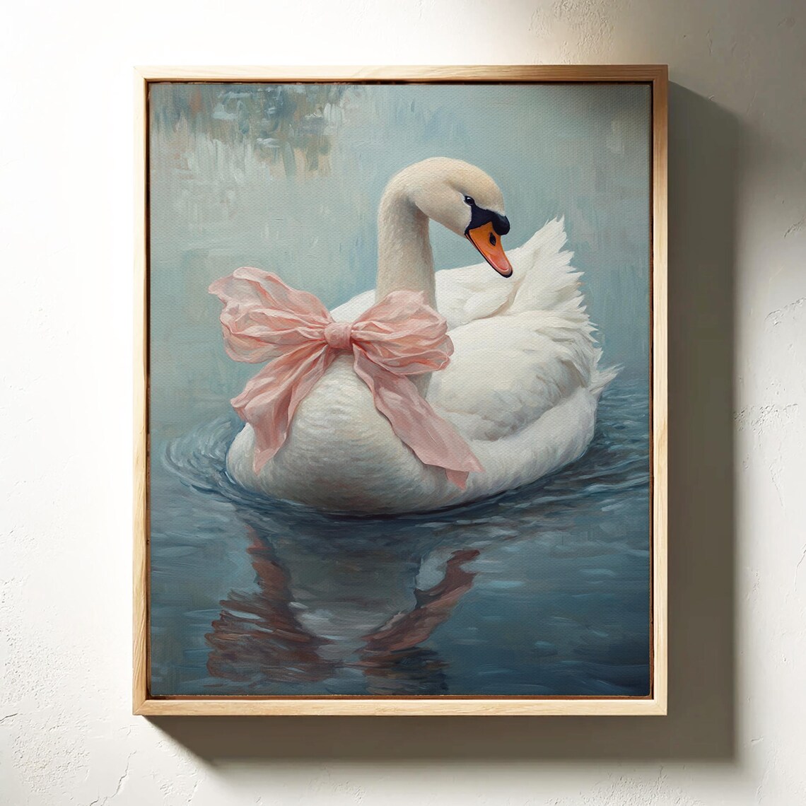 White Swan Pink Bow Blue Water Serene Oil Painting Nature Wall Art - Image 5