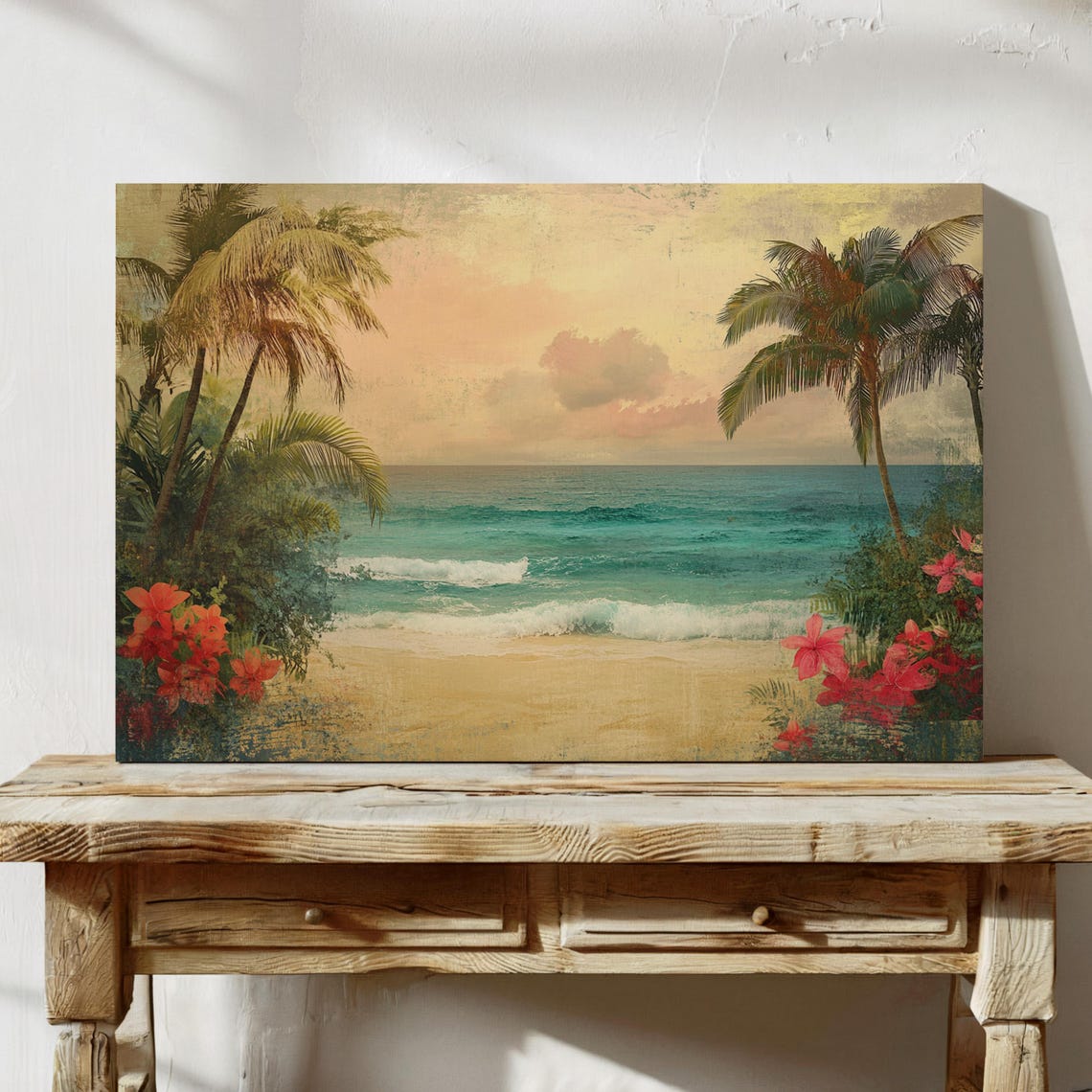 Vintage Tropical Beach Palm Trees Turquoise Ocean Sunset Art Poster