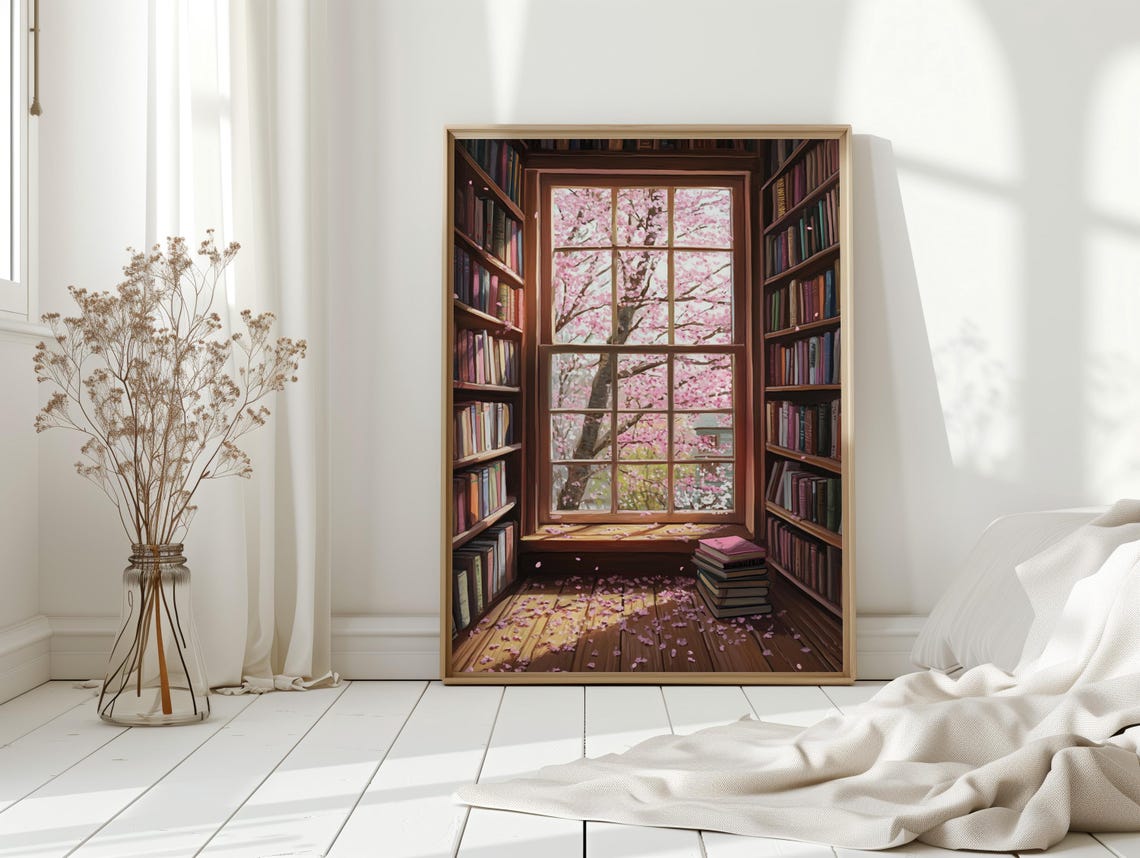 Cherry Blossom Library Art Print Spring Window Scene With Books Peaceful Reading Nook Wall Decor For Book Lovers - Image 2