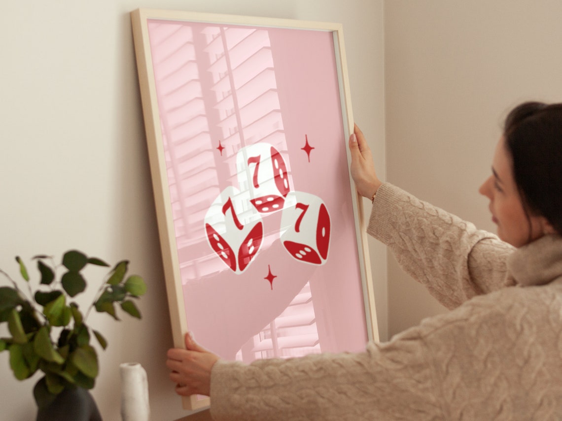 Lucky Seven White Dice Red Pips On Pink Retro Casino Style Wall Art