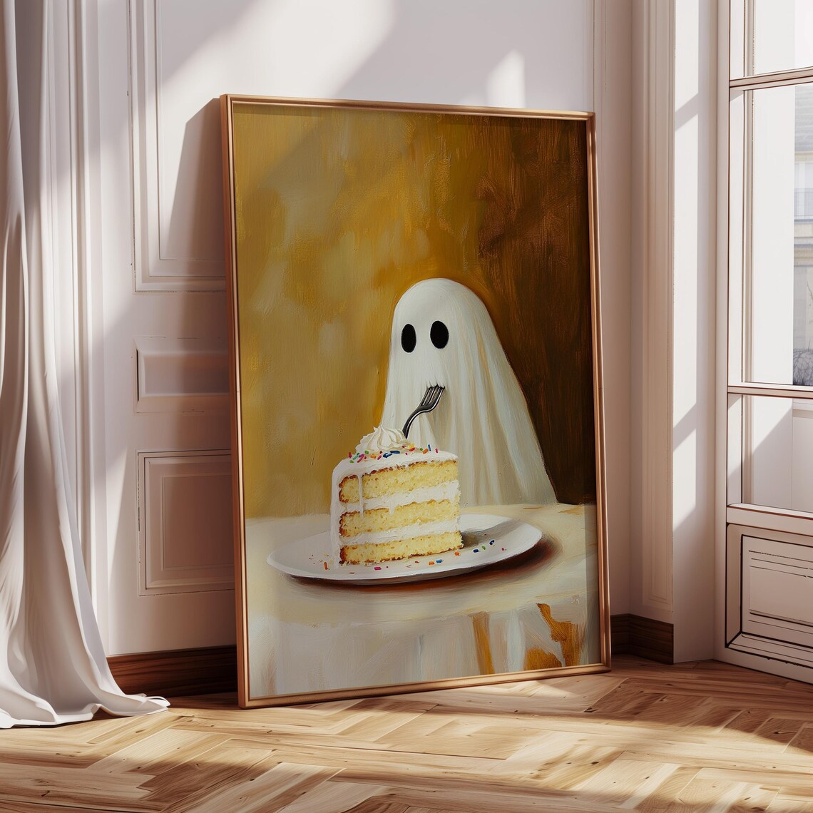 Funny Ghost Eating Cake, Whimsical Spooky Dessert