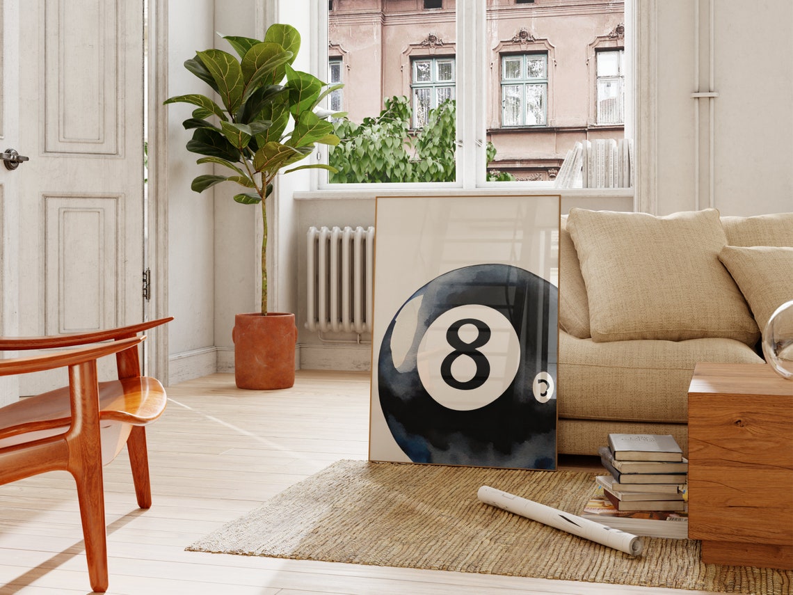 Magic Eight Ball Black Watercolor Billiards Retro Game Room Wall Art - Image 2