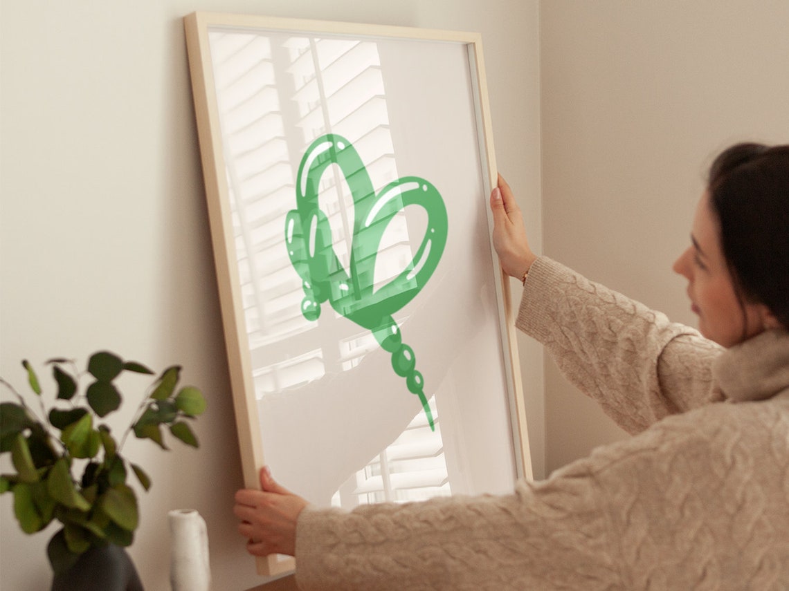 Green Balloon Butterfly Minimalist Playful Boho Kids Room Poster