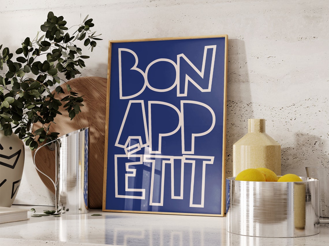 Bon Appetit Bold Navy Typography Statement French Kitchen Poster
