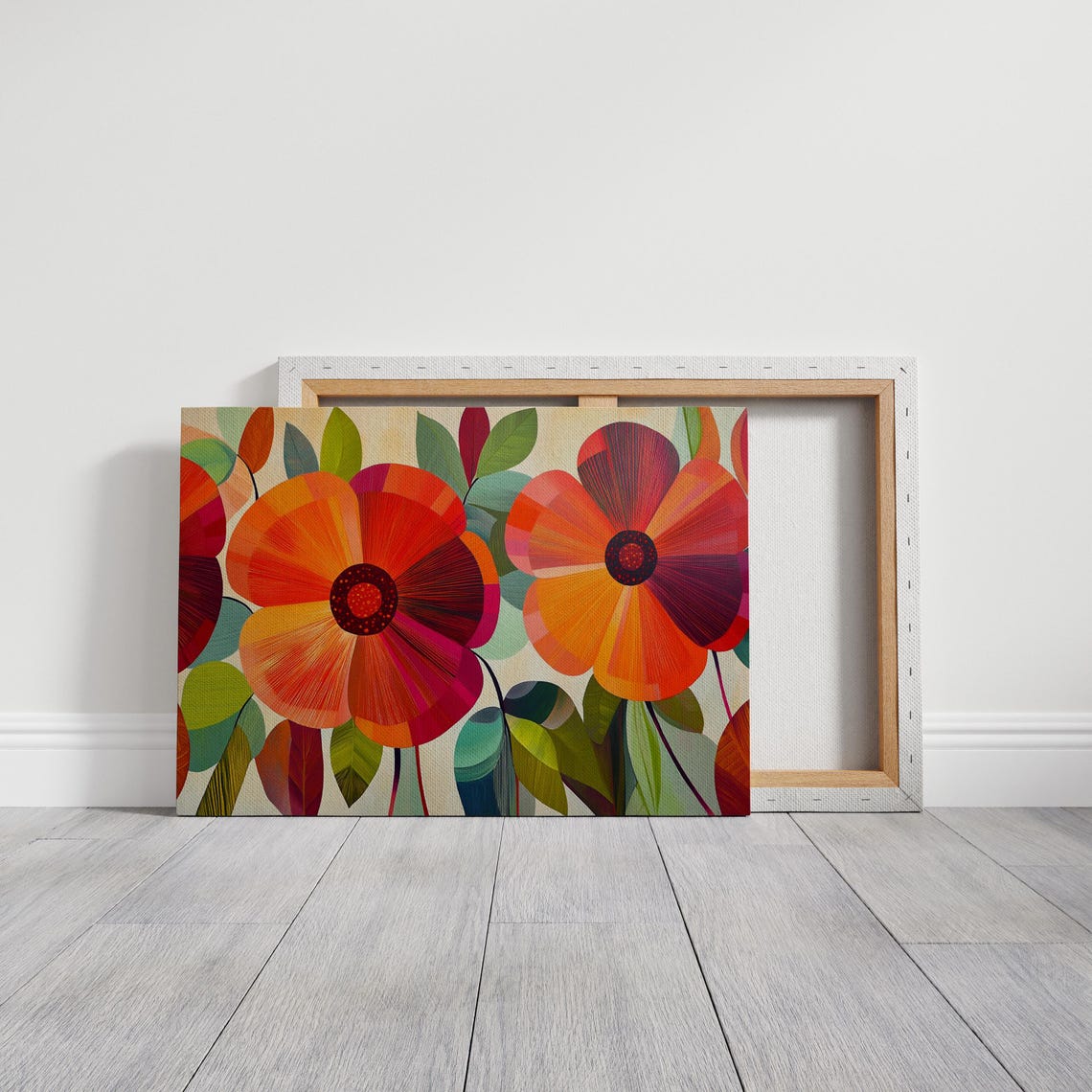 Bold Floral Artwork Featuring Vibrant Red And Orange Flowers With Intricate Patterns And Lush Green Leaves In A Modern Dynamic Style - Image 5