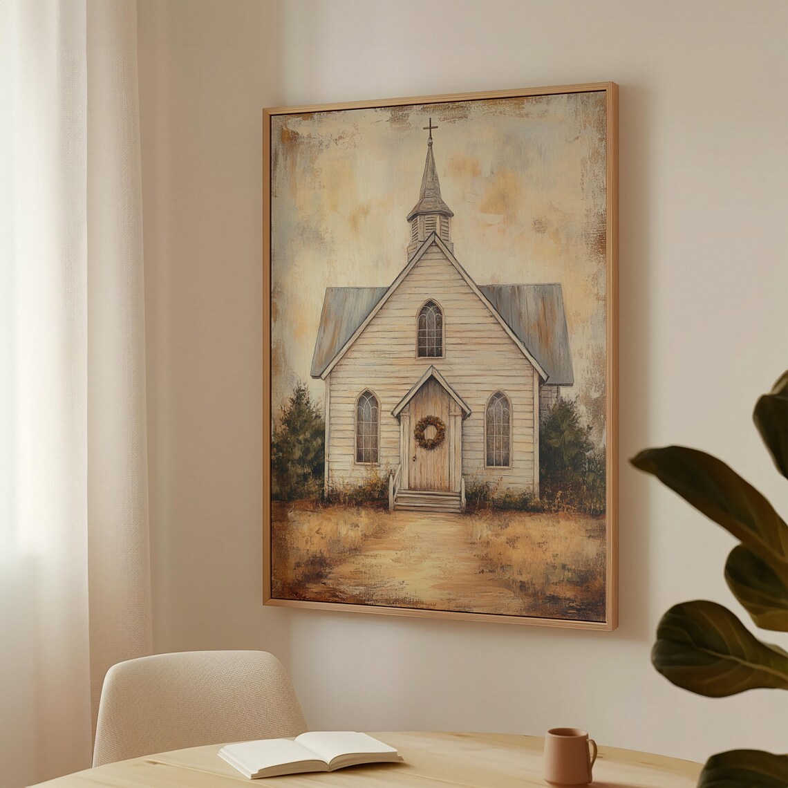 Vintage Country Church Painting, Rustic Chapel Art Print
