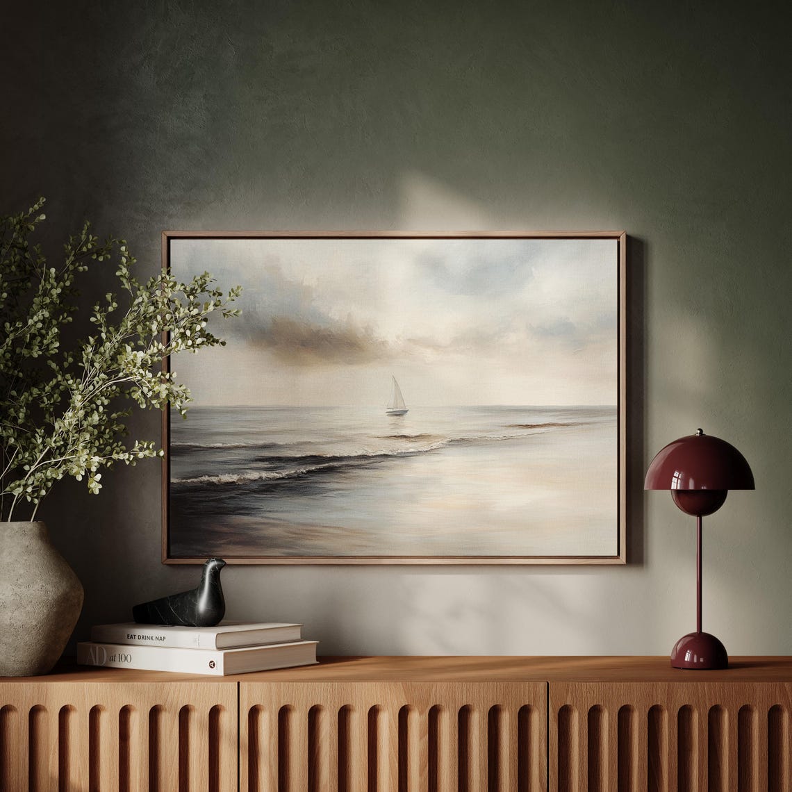 Lonely Sailboat On Calm Sea Under Moody Clouds Neutral Coastal Poster - Image 5