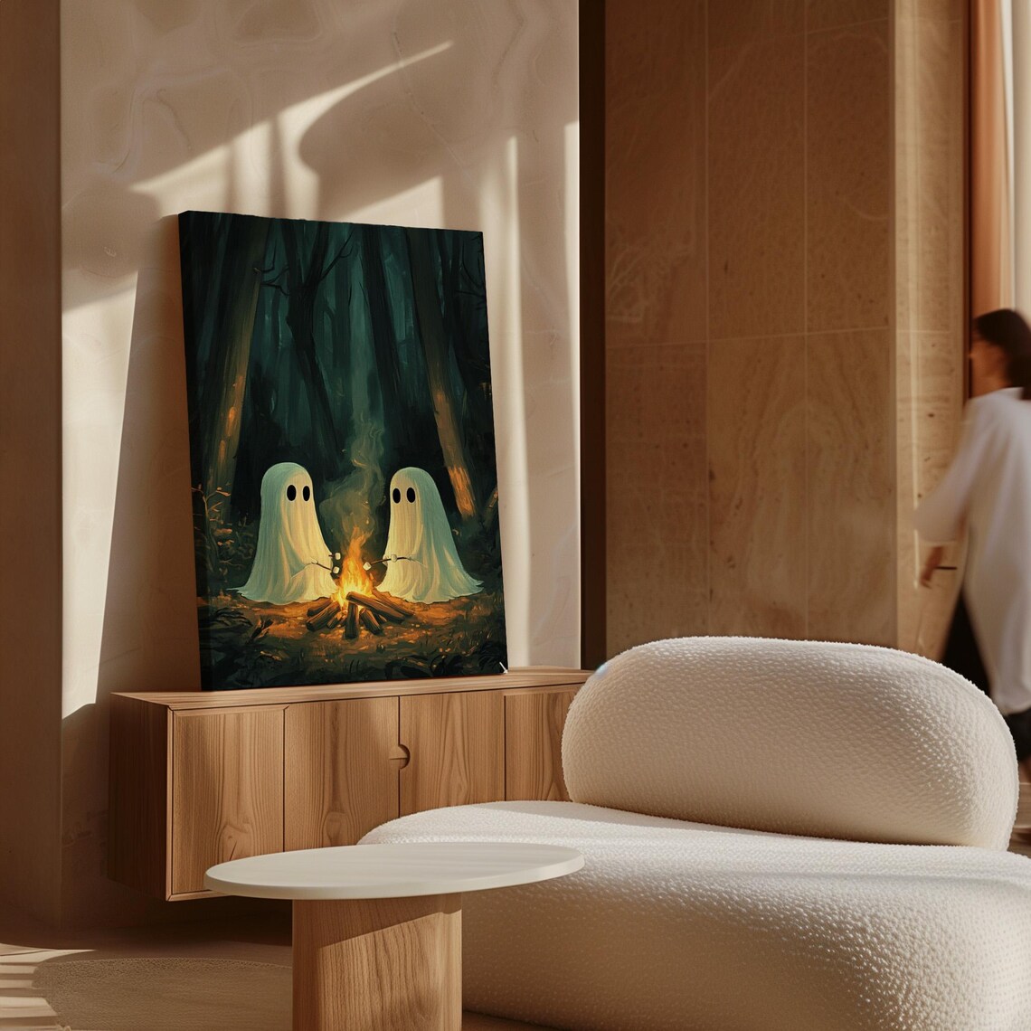 Adorable Ghost Duo Campfire Roasting Marshmallows Spooky Forest Wall Poster - Image 5