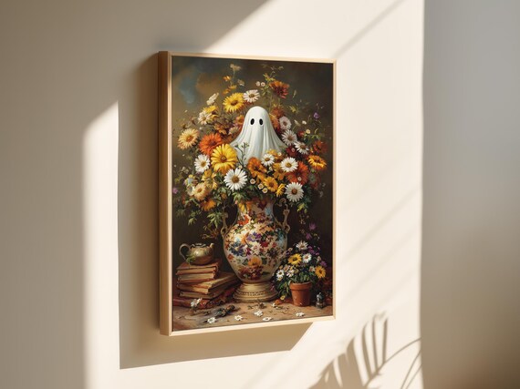 Ghost Peeking From Floral Vase With Books Whimsical Halloween Print