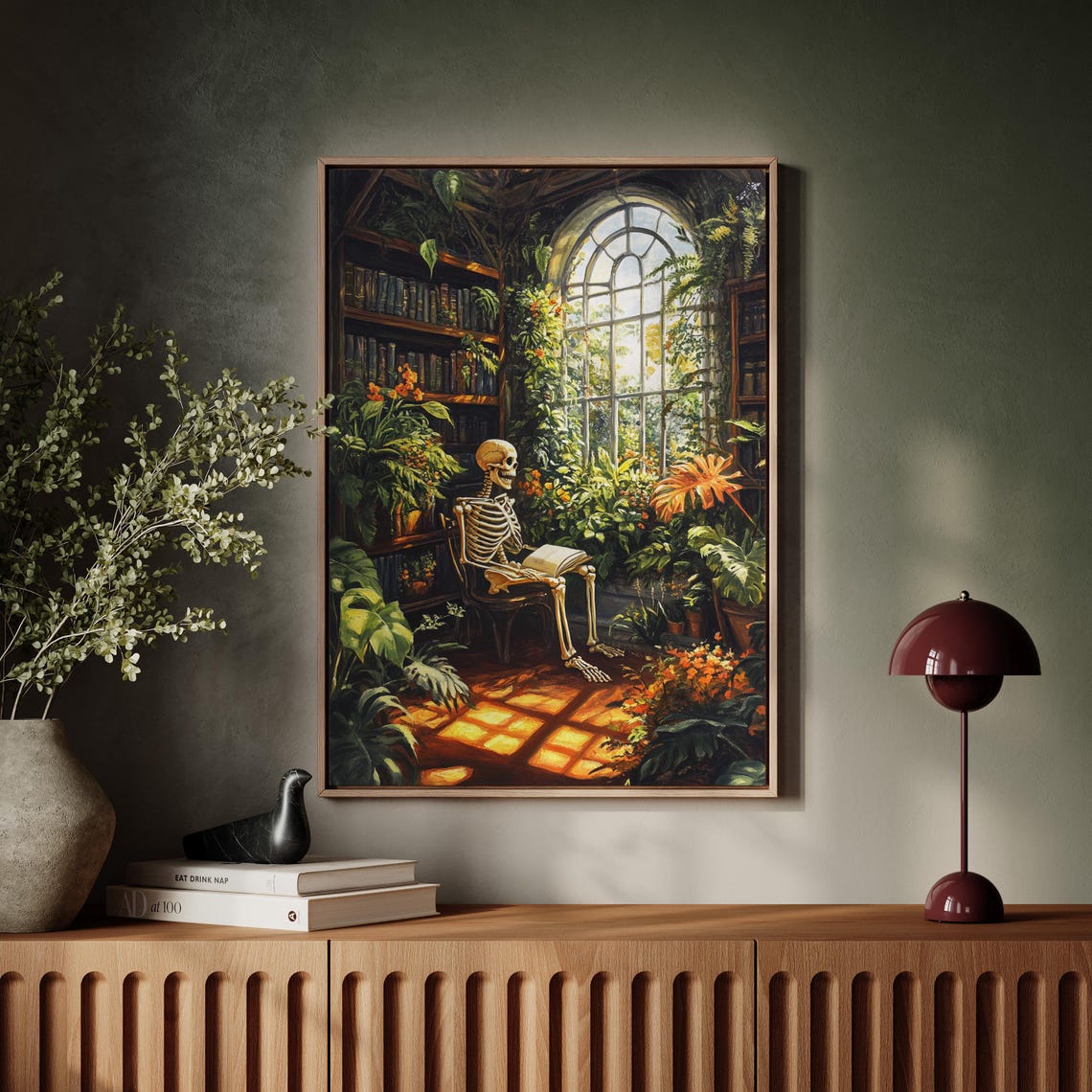 Skeleton Reading Among Plants Sunlit Library Botanical Art Print - Image 5