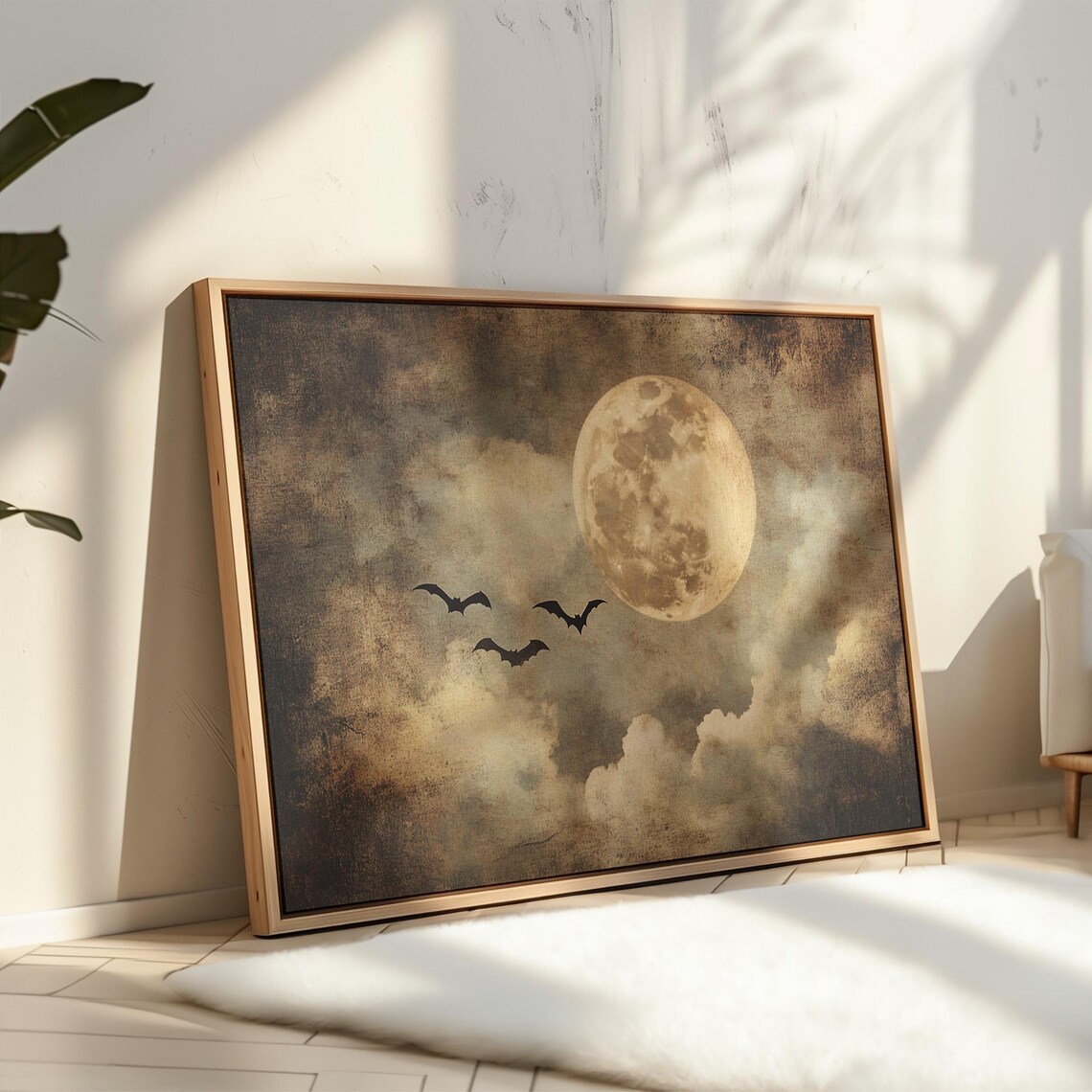 Vintage Full Moon Night Sky Flying Bats Spooky Halloween Gothic Print
