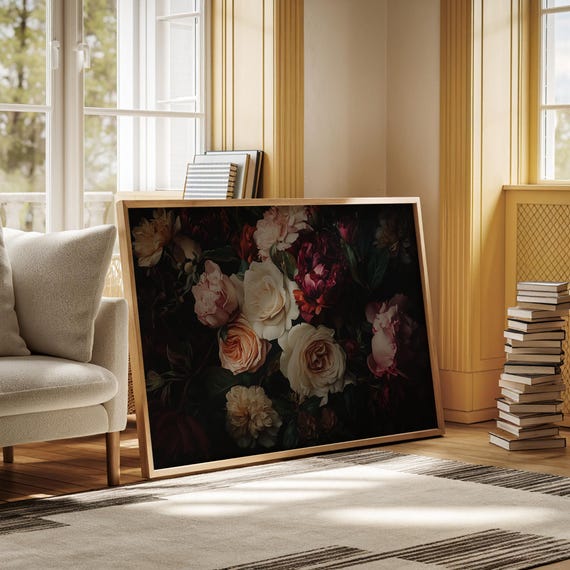 Dark Vintage Floral Art Moody Rose Bouquet Baroque Botanical Print Romantic Still Life Painting Elegant Wall Decor