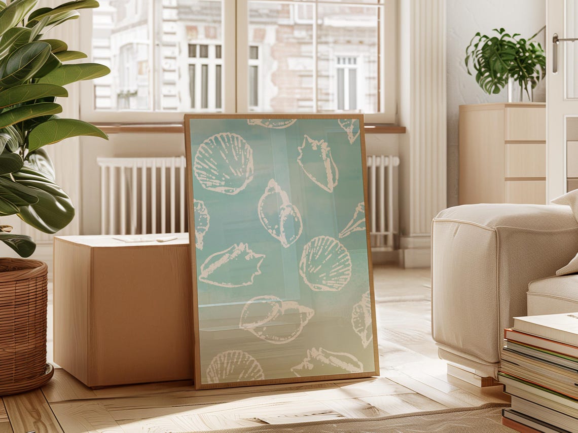 White Seashells Turquoise Watercolor Pattern Coastal Kitchen Poster