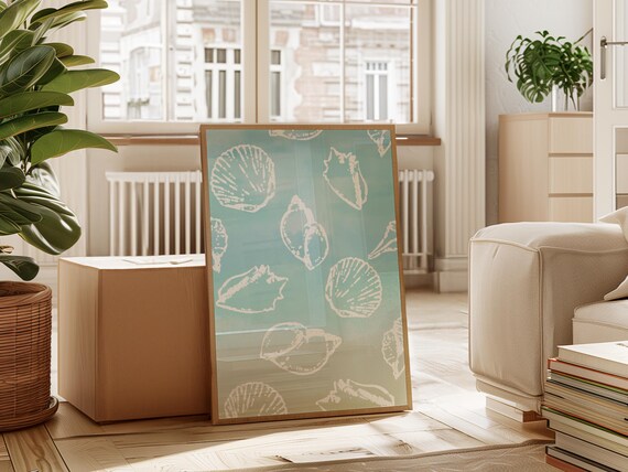 Coastal Shell Pattern Print Seaside Beach Home Art Coastal Decor For Bathroom Ocean Inspired Aesthetic Nautical Watercolor Style Poster